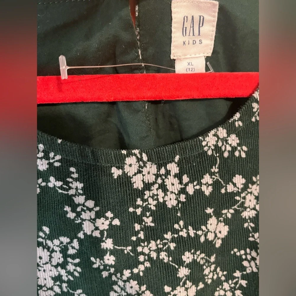 Gap Micro Corduroy Floral Green Girls Dress Tiered Fell Long Sleeves 12  New